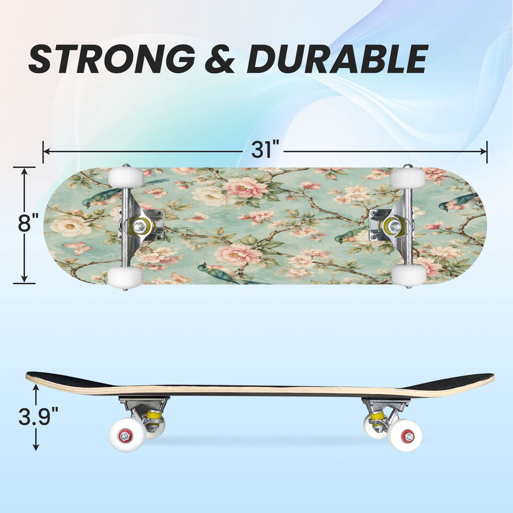 31"x8" Complete Skateboards for Beginners,Seamless Blue Watercolor Crabs Floral Accents Light Double Kick 7 Ply Canadian Maple Deck Skateboard with Wheels, Gifts for Kids Teens