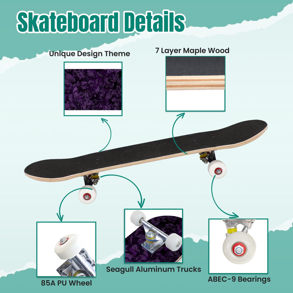 Elegant Purple Damask 31" x 8" Complete Skateboard, 7-Ply Canadian Maple Double Kick Trick Board for Kids and Beginners Adult Gifts