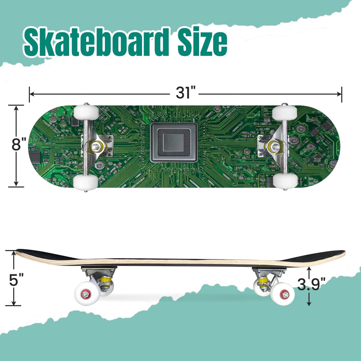 Futuristic Blue Abstract Technology Glowing Core 31" x 8" Complete Skateboard, 7-Ply Canadian Maple Double Kick Trick Board for Kids and Beginners Adult Gifts