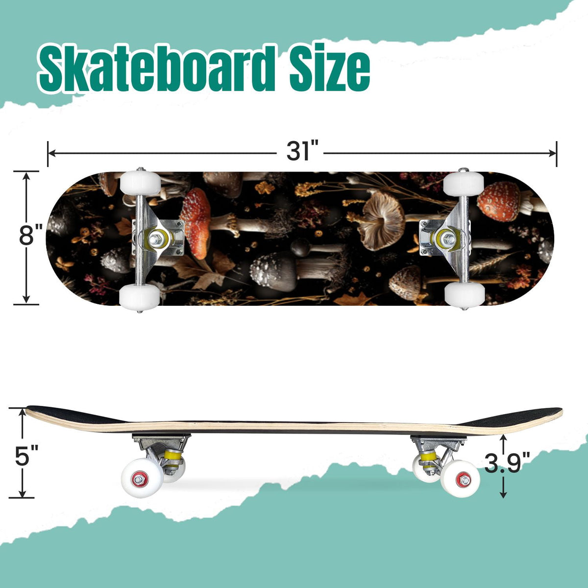 Vintage Damask Light Blue Brown Tones 31" x 8" Complete Skateboard, 7-Ply Canadian Maple Double Kick Trick Board for Kids and Beginners Adult Gifts