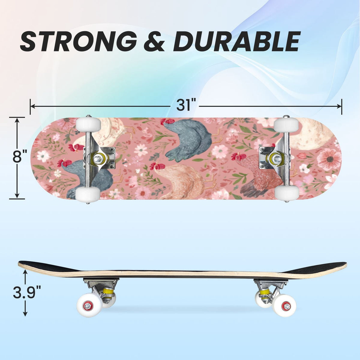 31"x8" Complete Skateboards for Beginners, Soft Blue Cream Striped Design Double Kick 7 Ply Canadian Maple Deck Skateboard with Wheels, Gifts for Kids Teens