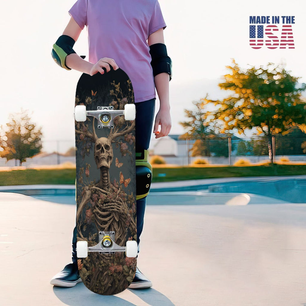 31"x8" Complete Skateboards for Beginners, Skeleton Tree Figure Antler Branches Dark Academia Flowers Double Kick 7 Ply Canadian Maple Deck Skateboard with Wheels, Gifts for Kids Teens