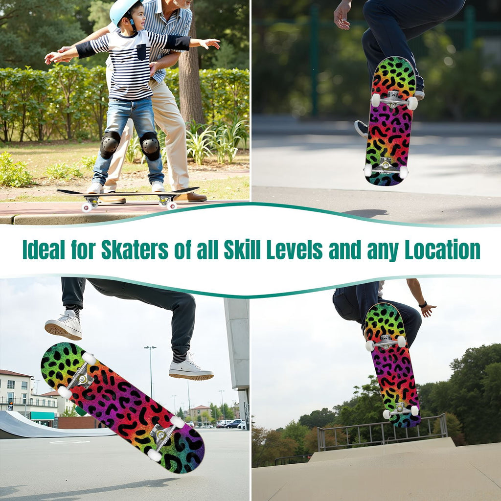 31"x8" Complete Skateboards for Beginners,Black Leopard Print Grey Double Kick 7 Ply Canadian Maple Deck Skateboard with Wheels, Gifts for Kids Teens