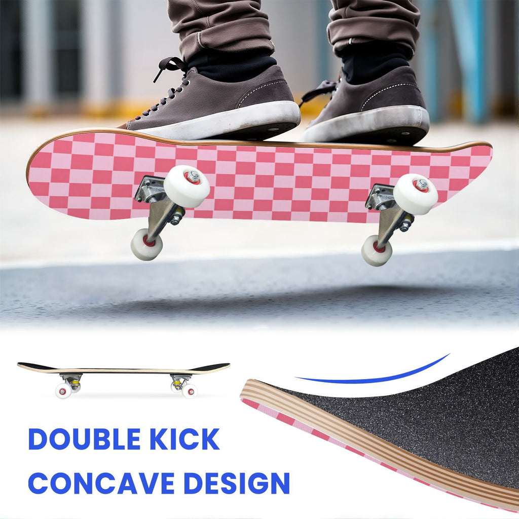 31"x8" Complete Skateboards for Beginners,Black Pink Checkered Retro Aesthetic Double Kick 7 Ply Canadian Maple Deck Skateboard with Wheels, Gifts for Kids Teens