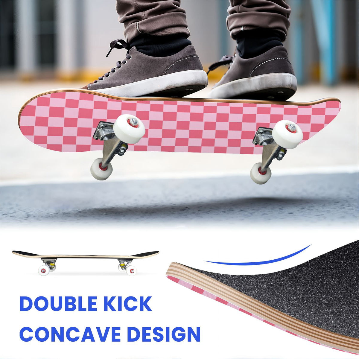 31"x8" Complete Skateboards for Beginners,Black Pink Checkered Retro Aesthetic Double Kick 7 Ply Canadian Maple Deck Skateboard with Wheels, Gifts for Kids Teens