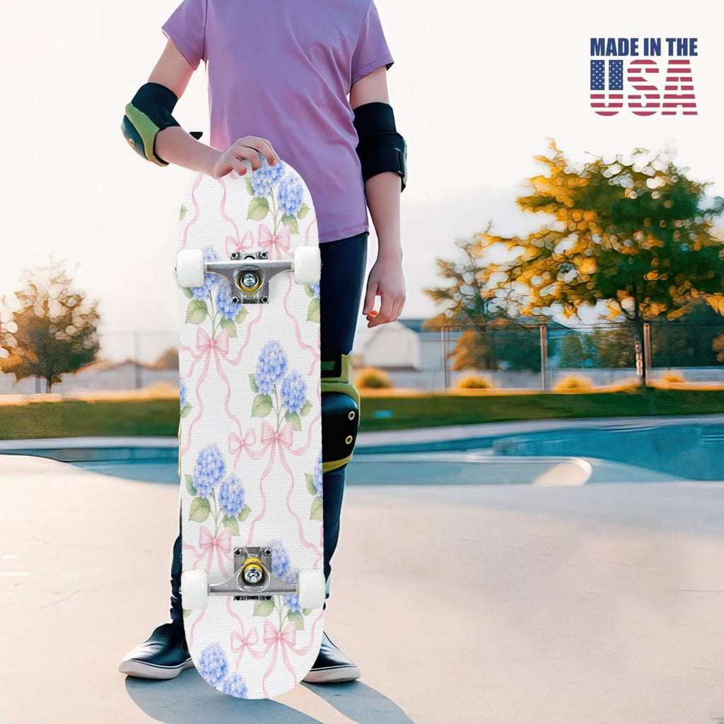 31"x8" Complete Skateboards for Beginners,Elegant White Blue Flowers Soft Petals Dreamy Artistic Double Kick 7 Ply Canadian Maple Deck Skateboard with Wheels, Gifts for Kids Teens