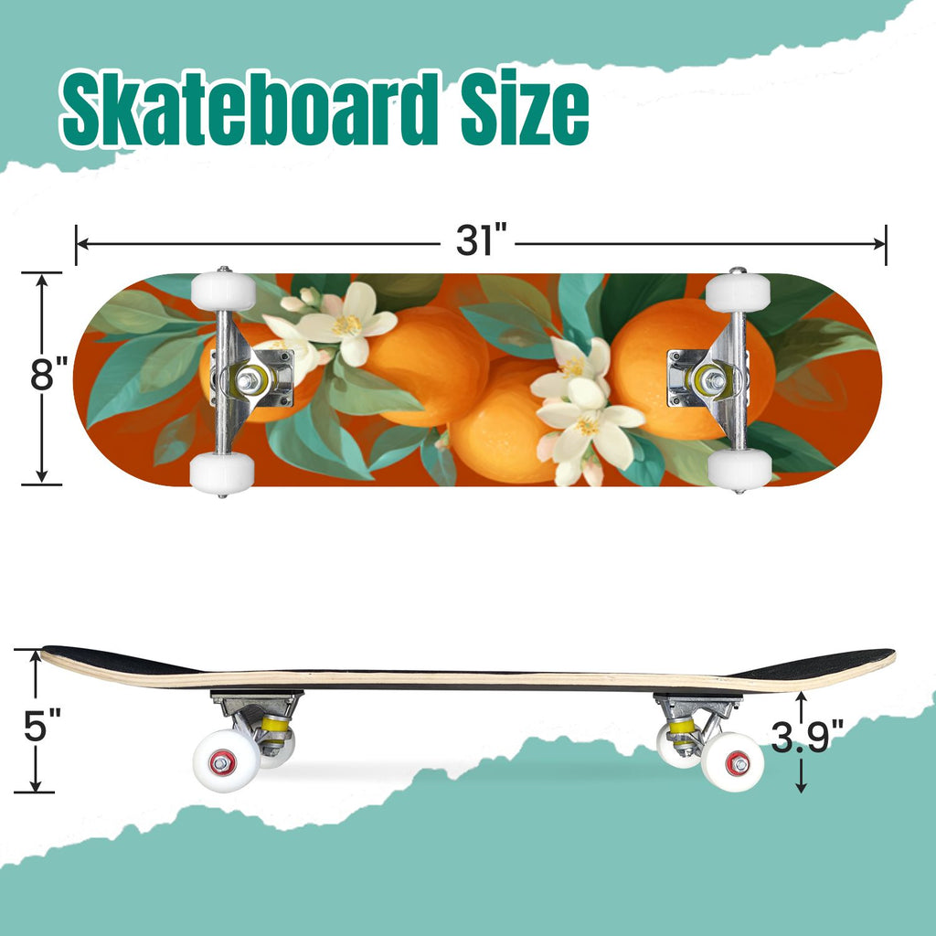 Botanical Birds Lemons Flowers Blue 31" x 8" Complete Skateboard, 7-Ply Canadian Maple Double Kick Trick Board for Kids and Beginners Adult Gifts
