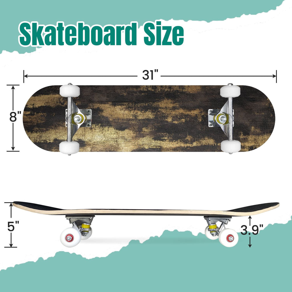 Watercolor Floral Shades Blue Grey Leaves 31" x 8" Complete Skateboard, 7-Ply Canadian Maple Double Kick Trick Board for Kids and Beginners Adult Gifts