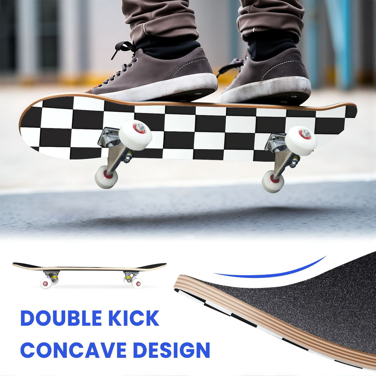 31"x8" Complete Skateboards for Beginners,Light Green White Gingham Checkered Double Kick 7 Ply Canadian Maple Deck Skateboard with Wheels, Gifts for Kids Teens
