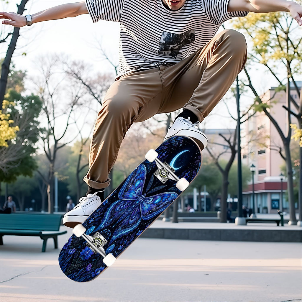 31"x8" Complete Skateboards for Beginners, Colorful Butterfly Blooming Flowers Under Full Moon Starry Double Kick 7 Ply Canadian Maple Deck Skateboard with Wheels, Gifts for Kids Teens