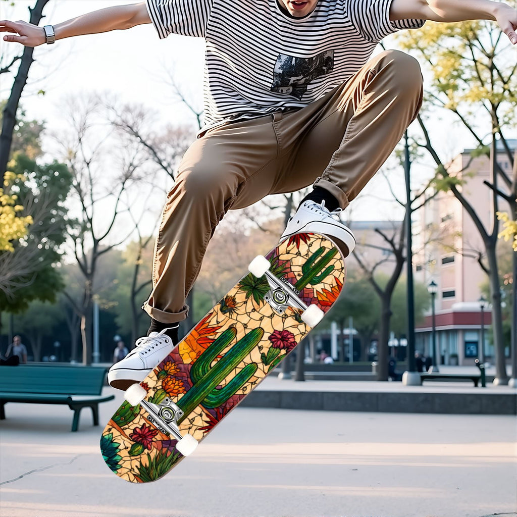 31"x8" Complete Skateboards for Beginners,Bold Stained Glass Western Double Kick 7 Ply Canadian Maple Deck Skateboard with Wheels, Gifts for Kids Teens
