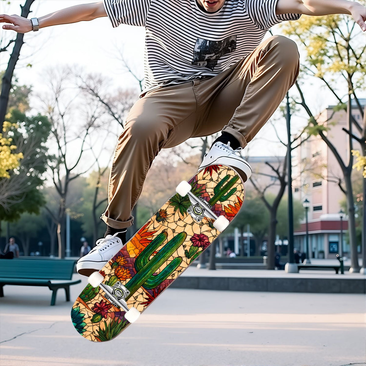 31"x8" Complete Skateboards for Beginners,Bold Stained Glass Western Double Kick 7 Ply Canadian Maple Deck Skateboard with Wheels, Gifts for Kids Teens
