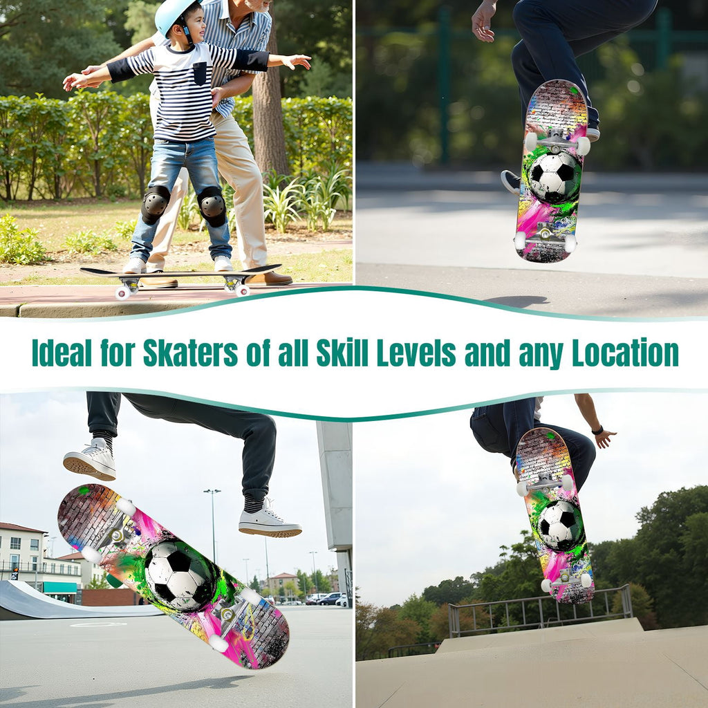 Dynamic Soccer Ball Explosion Energy Effects Stadium 31" x 8" Complete Skateboard, 7-Ply Canadian Maple Double Kick Trick Board for Kids and Beginners Adult Gifts