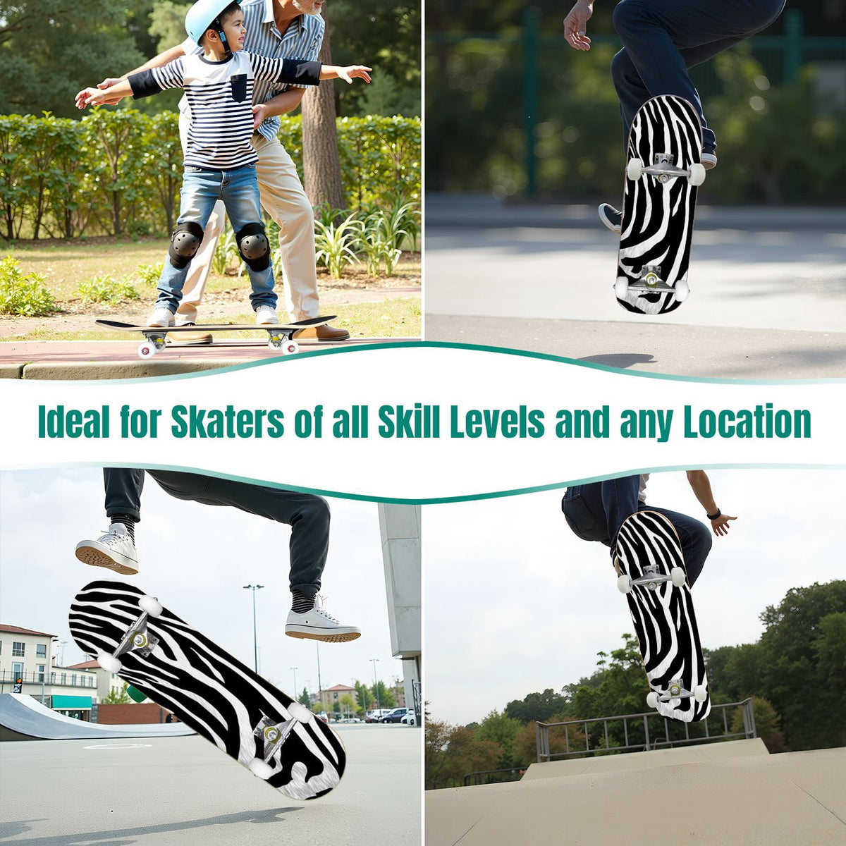 31"x8" Complete Skateboards for Beginners,Leopard Print Black Brown Beige Double Kick 7 Ply Canadian Maple Deck Skateboard with Wheels, Gifts for Kids Teens