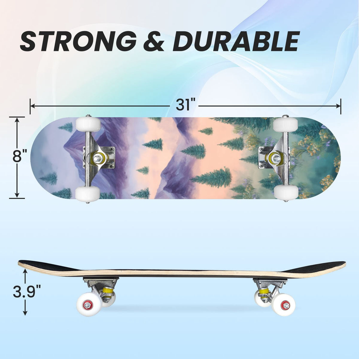 31"x8" Complete Skateboards for Beginners,Cartoon Hand Drawn Ice Cream Doodles Seamless Cones Cupcakes Double Kick 7 Ply Canadian Maple Deck Skateboard with Wheels, Gifts for Kids Teens