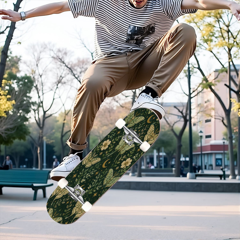 31"x8" Complete Skateboards for Beginners, Mystical Purple Butterfly Glowing Mushrooms Under Full Moon Double Kick 7 Ply Canadian Maple Deck Skateboard with Wheels, Gifts for Kids Teens