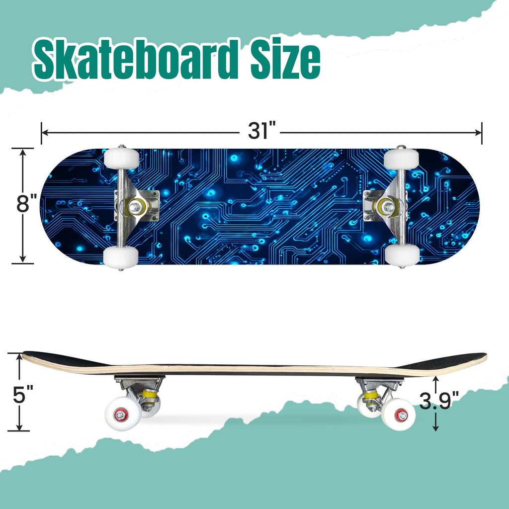 Futuristic Blue Abstract Technology Glowing Core 31" x 8" Complete Skateboard, 7-Ply Canadian Maple Double Kick Trick Board for Kids and Beginners Adult Gifts