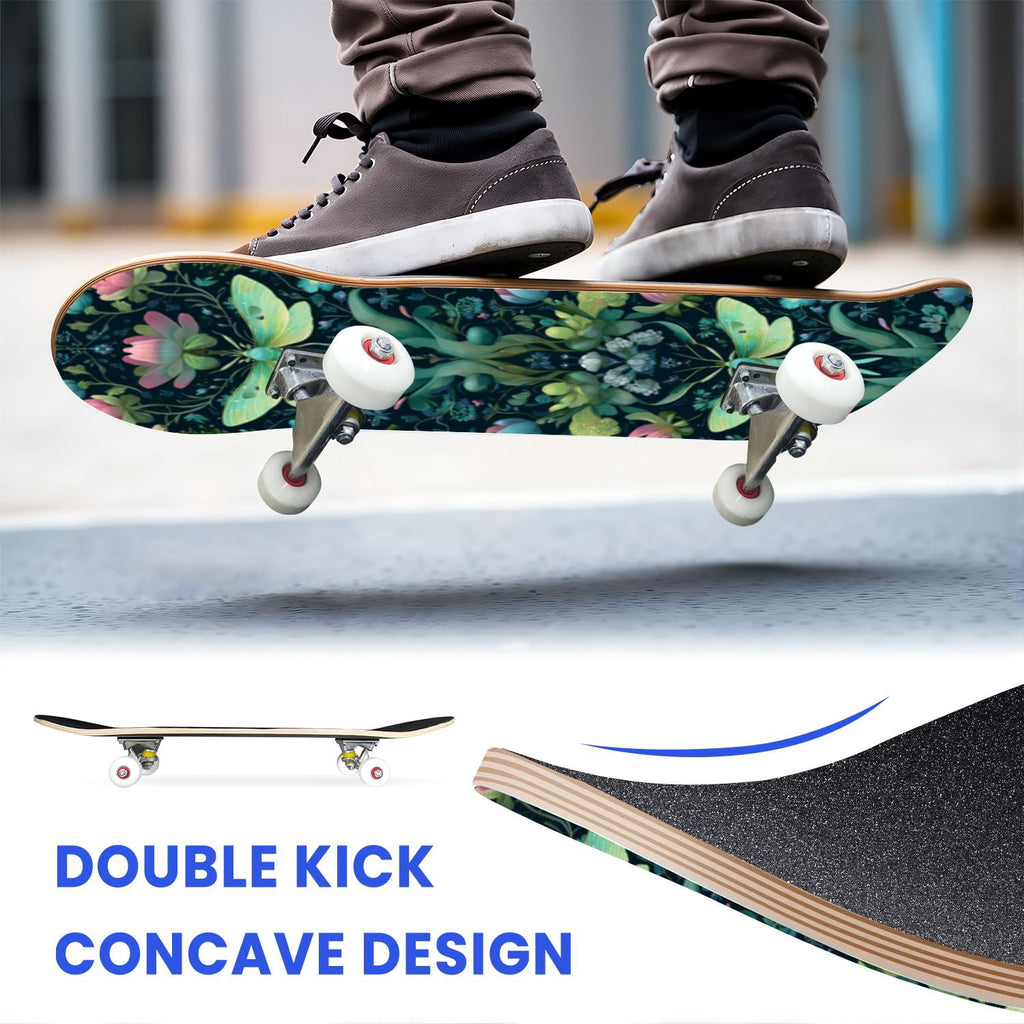 31"x8" Complete Skateboards for Beginners,Whimsical Moths Flowers Pastel Colors Stars Moon Mystical Double Kick 7 Ply Canadian Maple Deck Skateboard with Wheels, Gifts for Kids Teens
