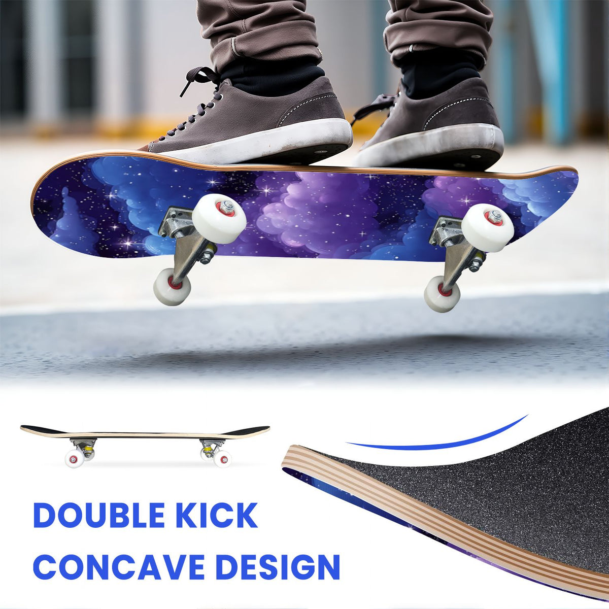 31"x8" Complete Skateboards for Beginners, Pastel Sky Fluffy Clouds Pink Purple Blue Summer Decor Double Kick 7 Ply Canadian Maple Deck Skateboard with Wheels, Gifts for Kids Teens