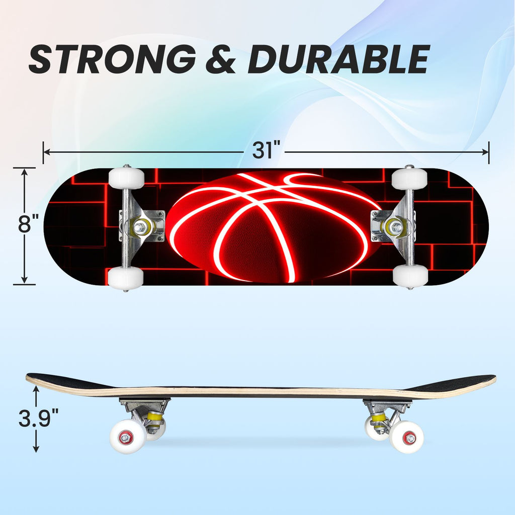 31"x8" Complete Skateboards for Beginners, Honeycomb Futuristic Hexagonal Neon Glowing Orange Light Double Kick 7 Ply Canadian Maple Deck Skateboard with Wheels, Gifts for Kids Teens