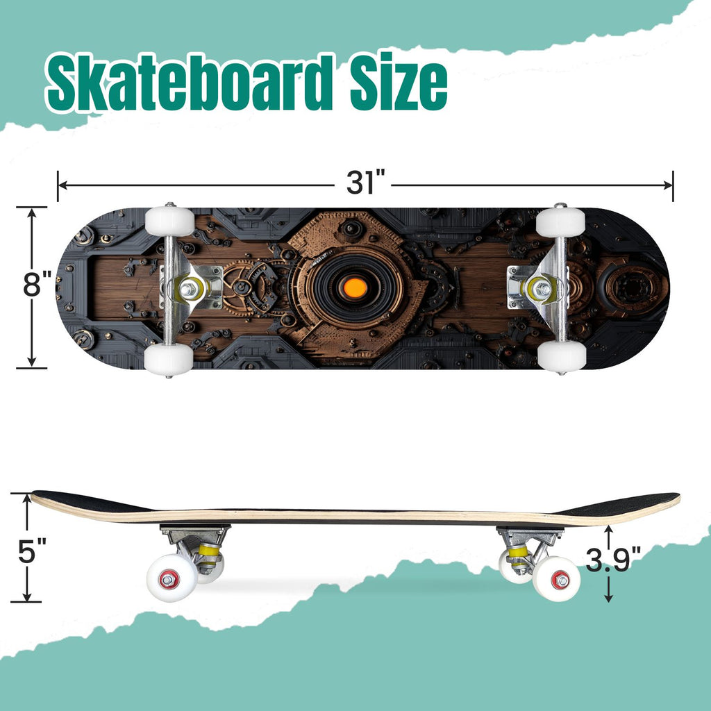 Glowing Futuristic Cubic Tunnel Metallic Tiles Bright Light 31" x 8" Complete Skateboard, 7-Ply Canadian Maple Double Kick Trick Board for Kids and Beginners Adult Gifts