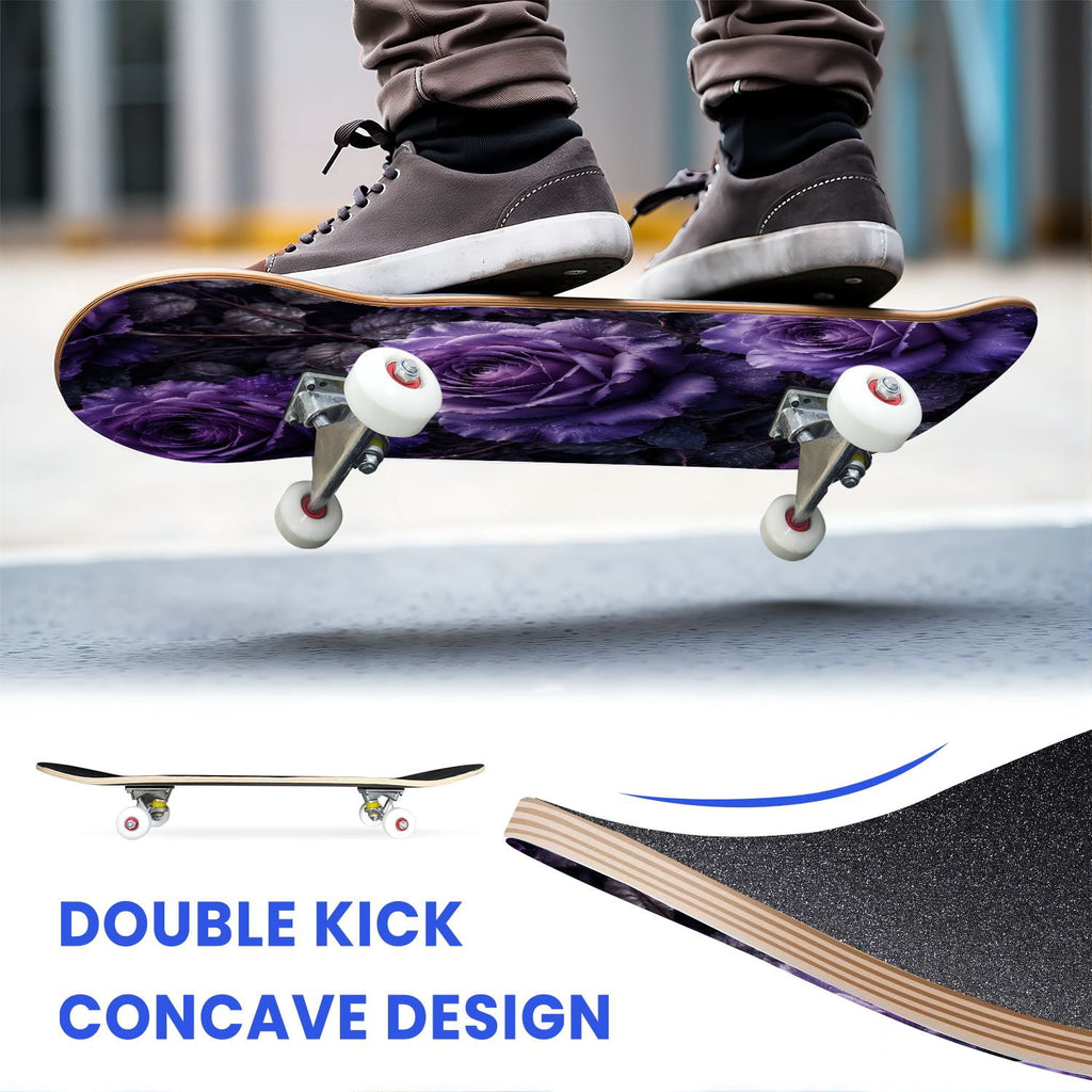 31"x8" Complete Skateboards for Beginners, Vibrant Purple Teal Floral Artwork Golden Accents Vintage Double Kick 7 Ply Canadian Maple Deck Skateboard with Wheels, Gifts for Kids Teens