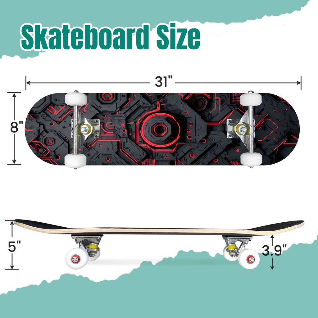 Futuristic Blue Abstract Technology Glowing Core 31" x 8" Complete Skateboard, 7-Ply Canadian Maple Double Kick Trick Board for Kids and Beginners Adult Gifts