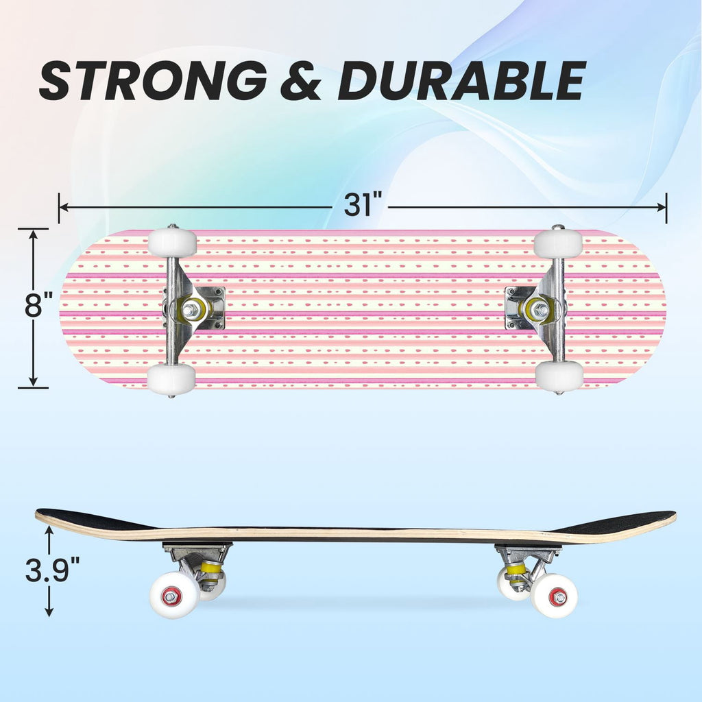 31"x8" Complete Skateboards for Beginners, Pink Floral Striped Delicate Leaves Flowers Botanical Double Kick 7 Ply Canadian Maple Deck Skateboard with Wheels, Gifts for Girls Teens