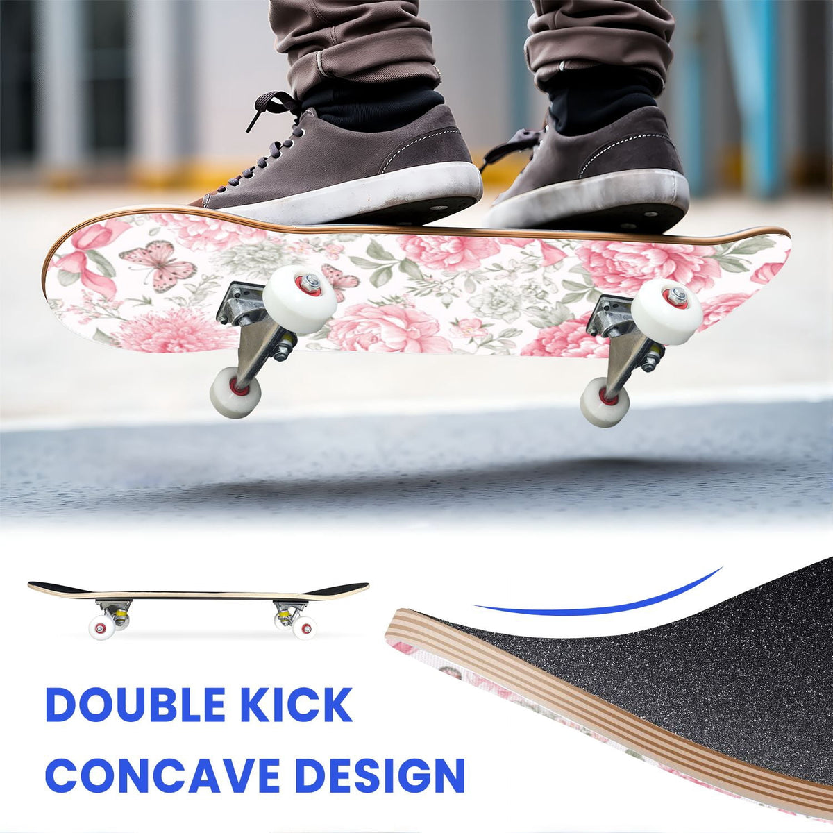 31"x8" Complete Skateboards for Beginners,Farmhouse Floral Daisy Flower Rustic Wood Board Double Kick 7 Ply Canadian Maple Deck Skateboard with Wheels, Gifts for Kids Teens