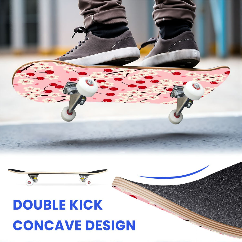 31"x8" Complete Skateboards for Beginners, Cherry Blossom Red Cherry Seamless Pink Botanical Double Kick 7 Ply Canadian Maple Deck Skateboard with Wheels, Gifts for Girls Teens