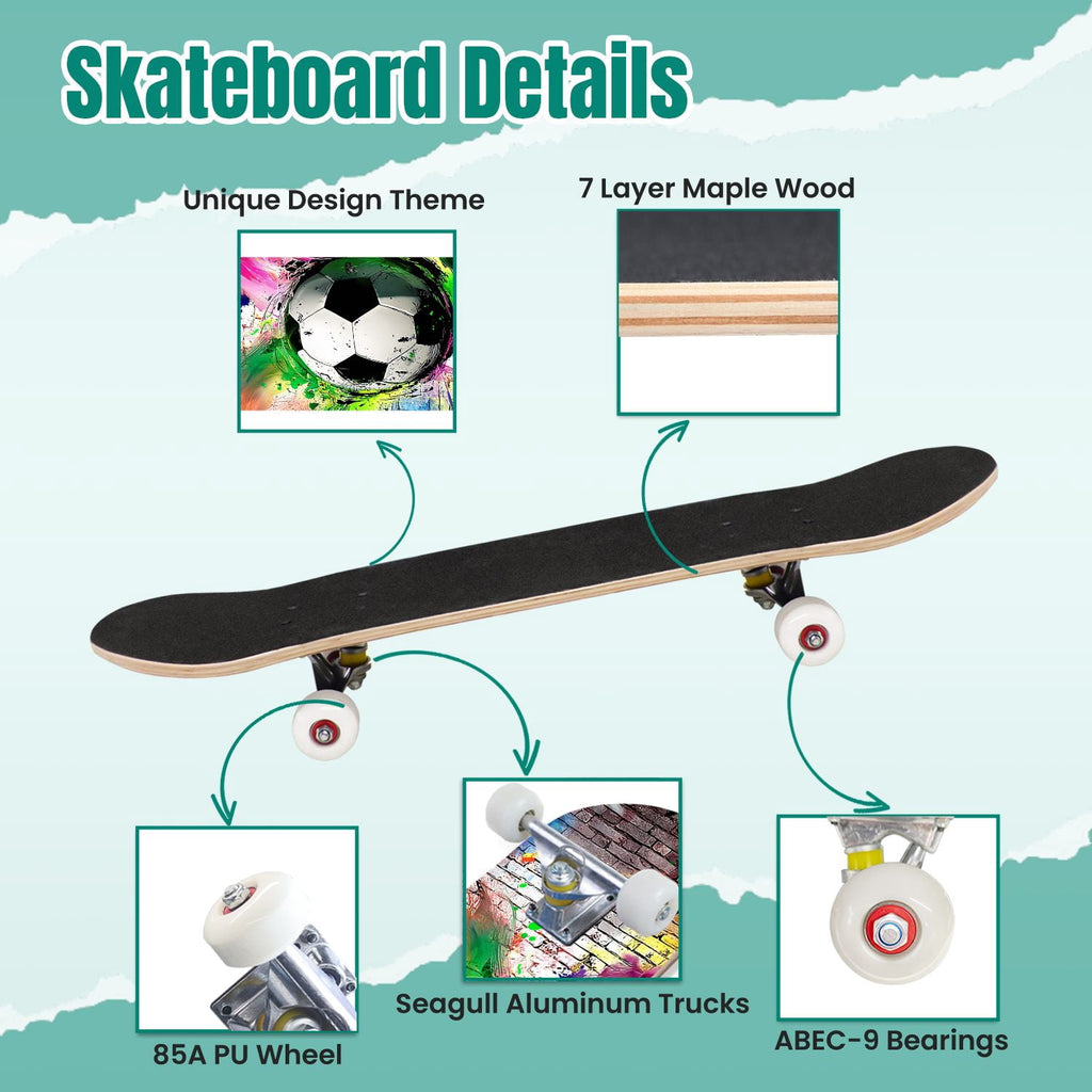 Dynamic Soccer Ball Explosion Energy Effects Stadium 31" x 8" Complete Skateboard, 7-Ply Canadian Maple Double Kick Trick Board for Kids and Beginners Adult Gifts