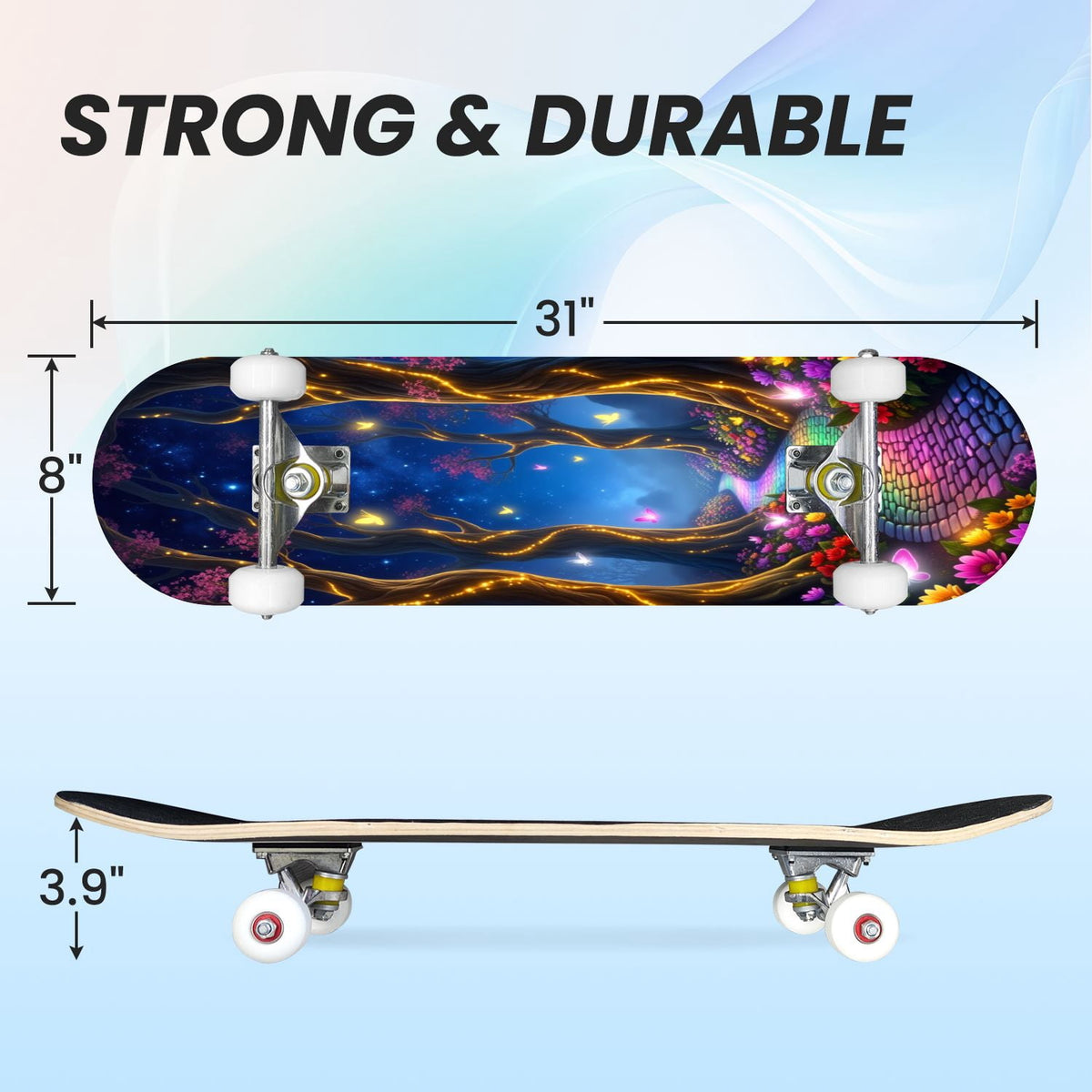 31"x8" Complete Skateboards for Beginners, Magical Forest Glowing Mushrooms Twinkling Fantasy Double Kick 7 Ply Canadian Maple Deck Skateboard with Wheels, Gifts for Kids Teens