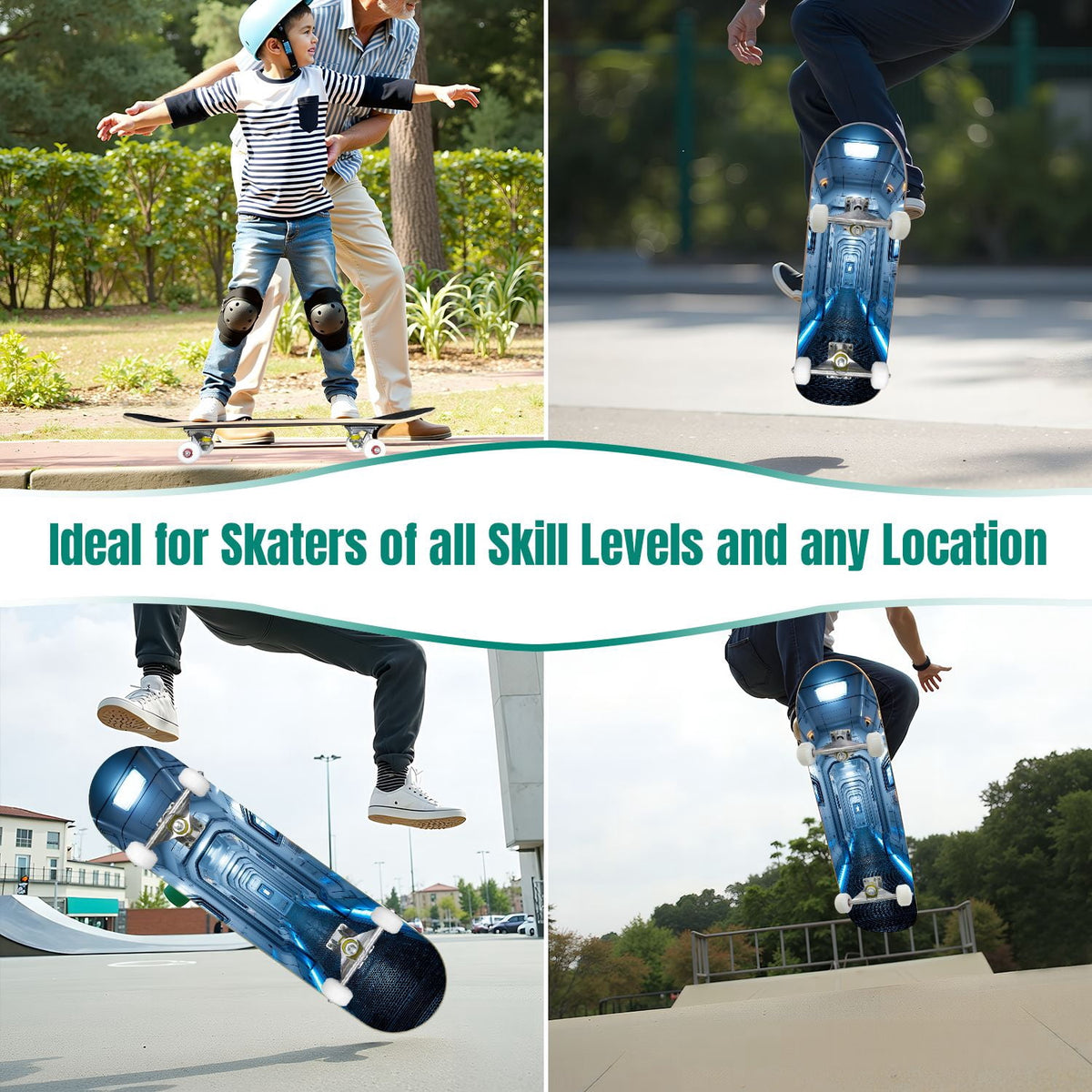 31"x8" Complete Skateboards for Beginners,Hexagon neon blue glow futuristic Double Kick 7 Ply Canadian Maple Deck Skateboard with Wheels, Gifts for Kids Teens