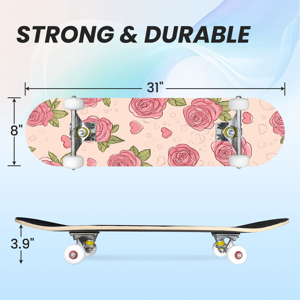 31"x8" Complete Skateboards for Beginners, Elegant Floral Pink Roses Blue Butterflies Double Kick 7 Ply Canadian Maple Deck Skateboard with Wheels, Gifts for Kids Teens