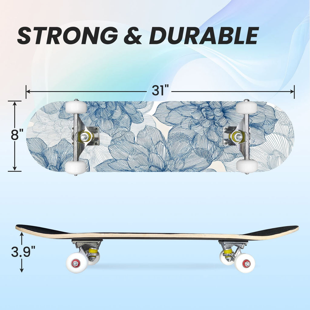 31"x8" Complete Skateboards for Beginners, Elegant Floral Pink Roses Blue Butterflies Double Kick 7 Ply Canadian Maple Deck Skateboard with Wheels, Gifts for Kids Teens