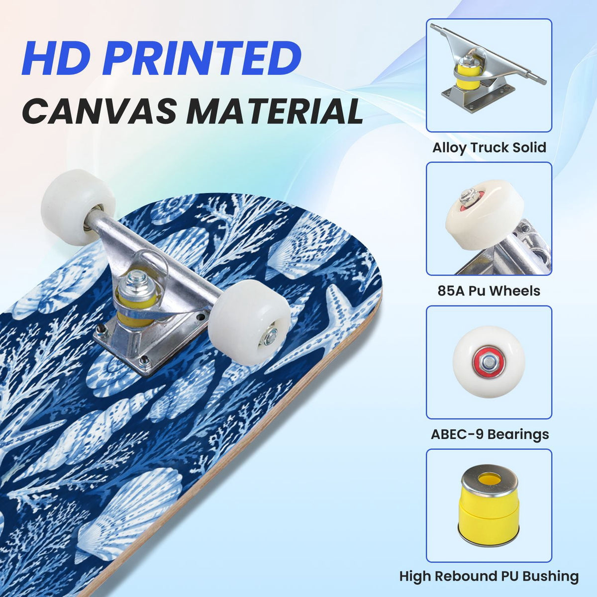 31"x8" Complete Skateboards for Beginners, Seashell Starfish Blue White Nautical Marine Life Double Kick 7 Ply Canadian Maple Deck Skateboard with Wheels, Gifts for Kids Teens