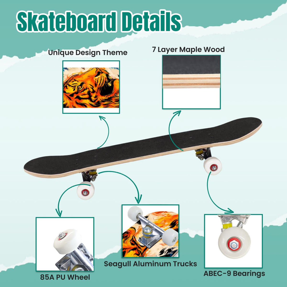 Vintage Floral Bird Sepia Tones 31" x 8" Complete Skateboard, 7-Ply Canadian Maple Double Kick Trick Board for Kids and Beginners Adult Gifts