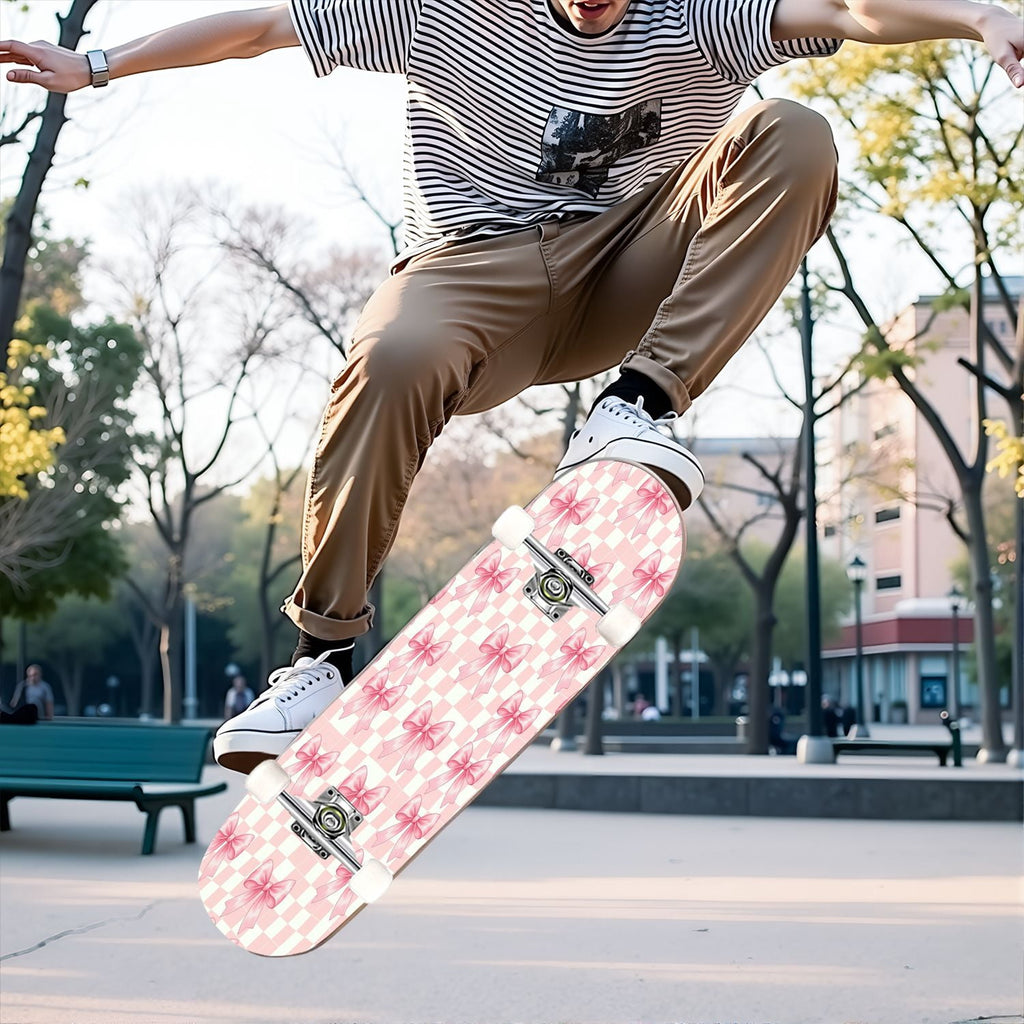 31"x8" Complete Skateboards for Beginners, Pink Bow Heart Vertical Stripes Romantic Double Kick 7 Ply Canadian Maple Deck Skateboard with Wheels, Gifts for Kids Teens