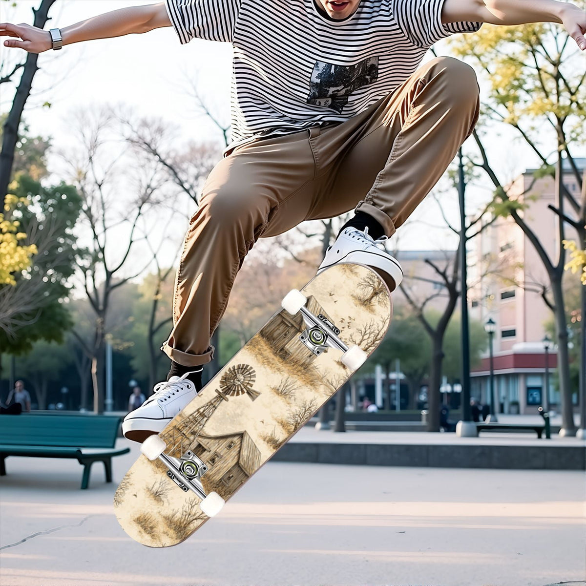 31"x8" Complete Skateboards for Beginners,Barn Windmill Artwork Rustic Barn Wood Farm Windmill Double Kick 7 Ply Canadian Maple Deck Skateboard with Wheels, Gifts for Kids Teens