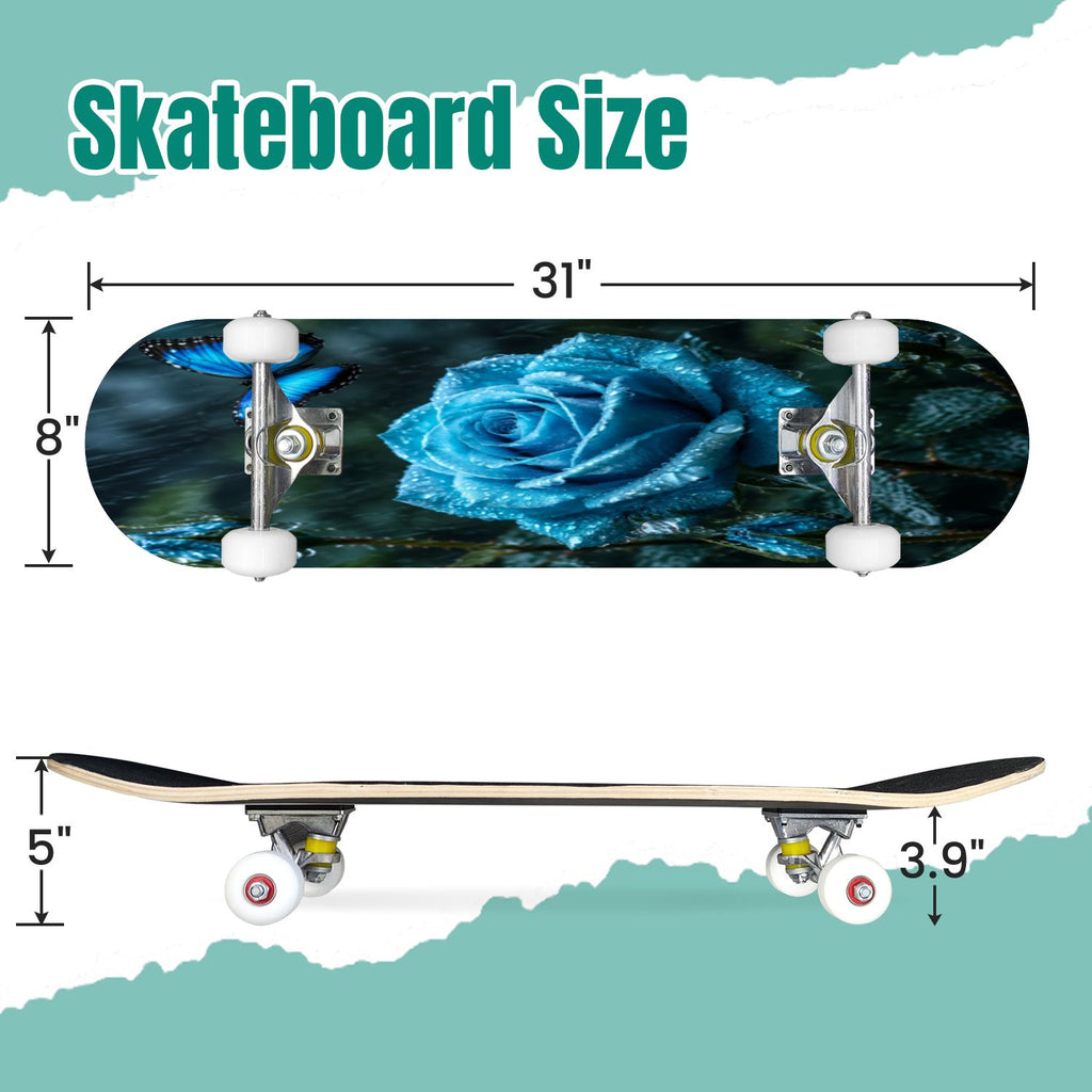 Rose Teal Rose Painting Turquoise Blue Flower Kitchen Decor 31" x 8" Complete Skateboard, 7-Ply Canadian Maple Double Kick Trick Board for Kids and Beginners Adult Gifts