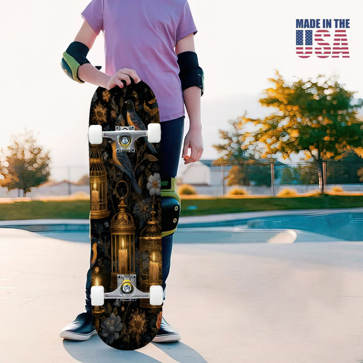 31"x8" Complete Skateboards for Beginners, Romantic Skeletons Blooming Roses Dark Academia Double Kick 7 Ply Canadian Maple Deck Skateboard with Wheels, Gifts for Kids Teens