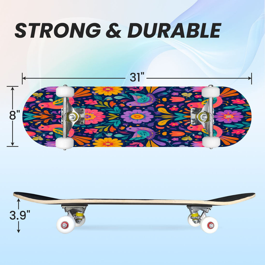 31"x8" Complete Skateboards for Beginners, Colorful Sugar Skull Vibrant Floral Day of the Dead Double Kick 7 Ply Canadian Maple Deck Skateboard with Wheels, Gifts for Kids Teens