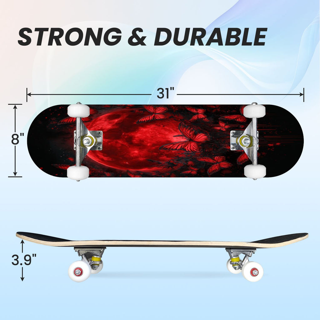 31"x8" Complete Skateboards for Beginners, Ethereal Night Garden Roses Starry Sky Dark Academia Double Kick 7 Ply Canadian Maple Deck Skateboard with Wheels, Gifts for Kids Teens