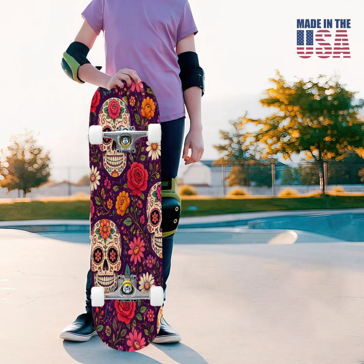 31"x8" Complete Skateboards for Beginners, Colorful Sugar Skulls Floral Patterns Mexican Double Kick 7 Ply Canadian Maple Deck Skateboard with Wheels, Gifts for Kids Teens
