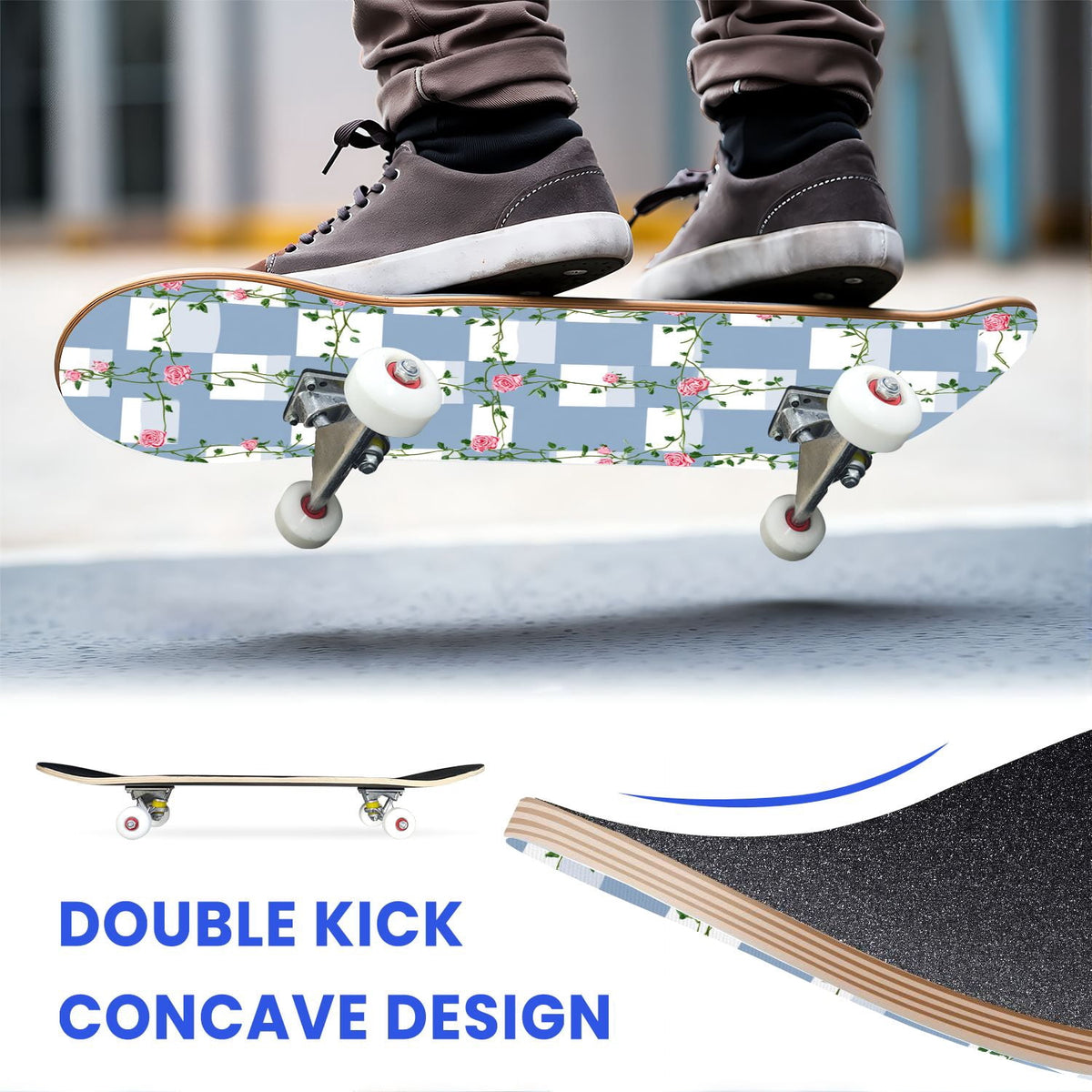 31"x8" Complete Skateboards for Beginners,Black Pink Checkered Retro Aesthetic Double Kick 7 Ply Canadian Maple Deck Skateboard with Wheels, Gifts for Kids Teens