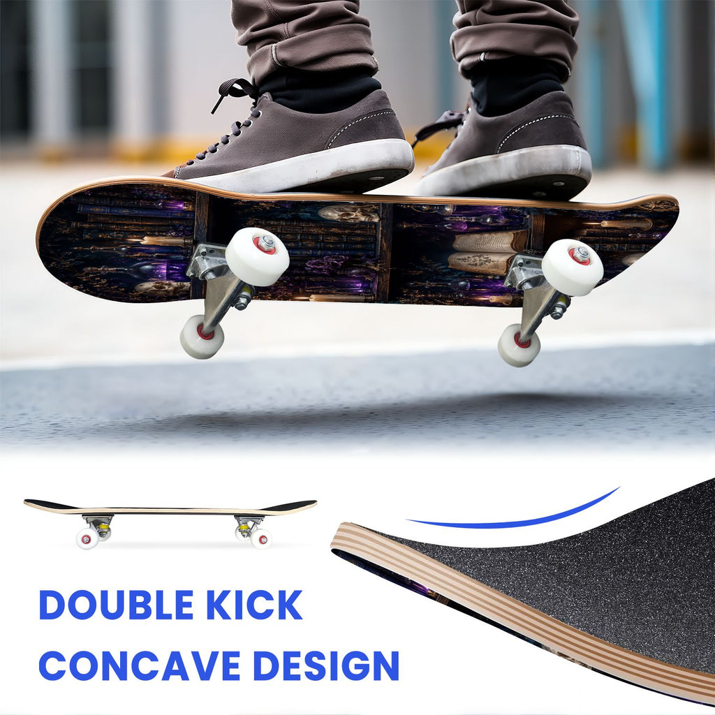 31"x8" Complete Skateboards for Beginners,Vintage Botanical Skull Flowers Elements Dark Double Kick 7 Ply Canadian Maple Deck Skateboard with Wheels, Gifts for Kids Teens