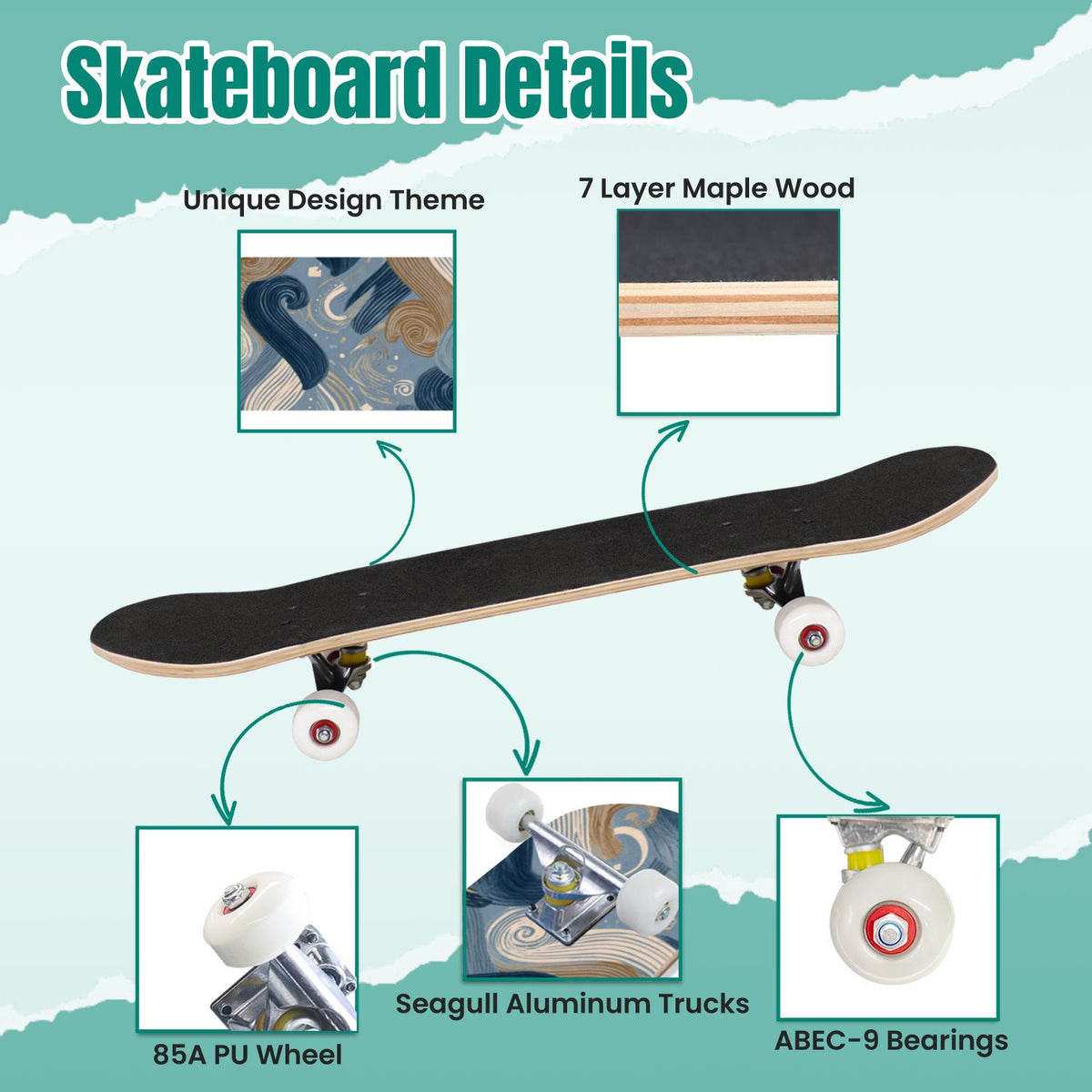 Vintage Floral Bird Sepia Tones 31" x 8" Complete Skateboard, 7-Ply Canadian Maple Double Kick Trick Board for Kids and Beginners Adult Gifts