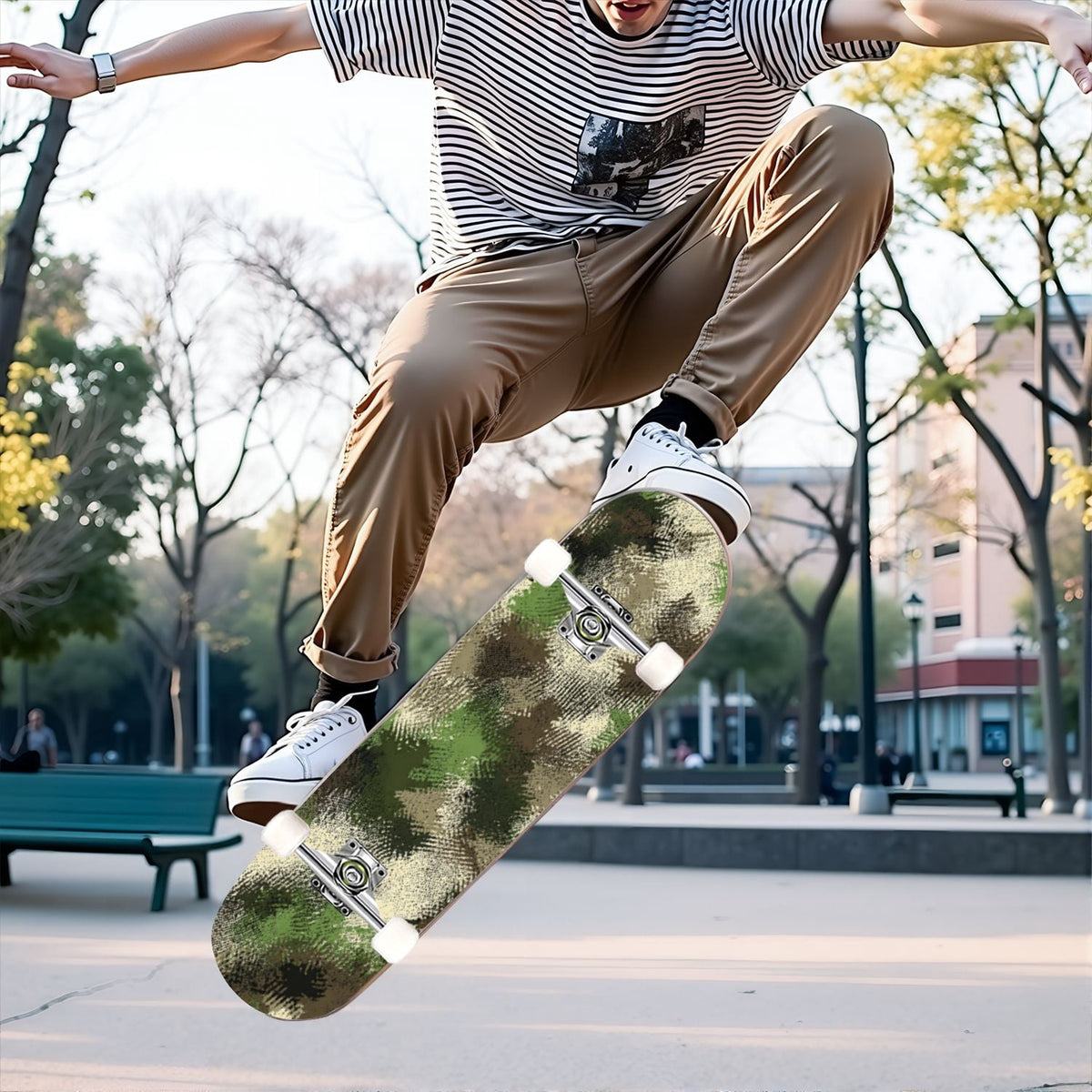 31"x8" Complete Skateboards for Beginners,Abstract Natural Earthy Tones Brush Strokes Camouflage Double Kick 7 Ply Canadian Maple Deck Skateboard with Wheels, Gifts for Kids Teens