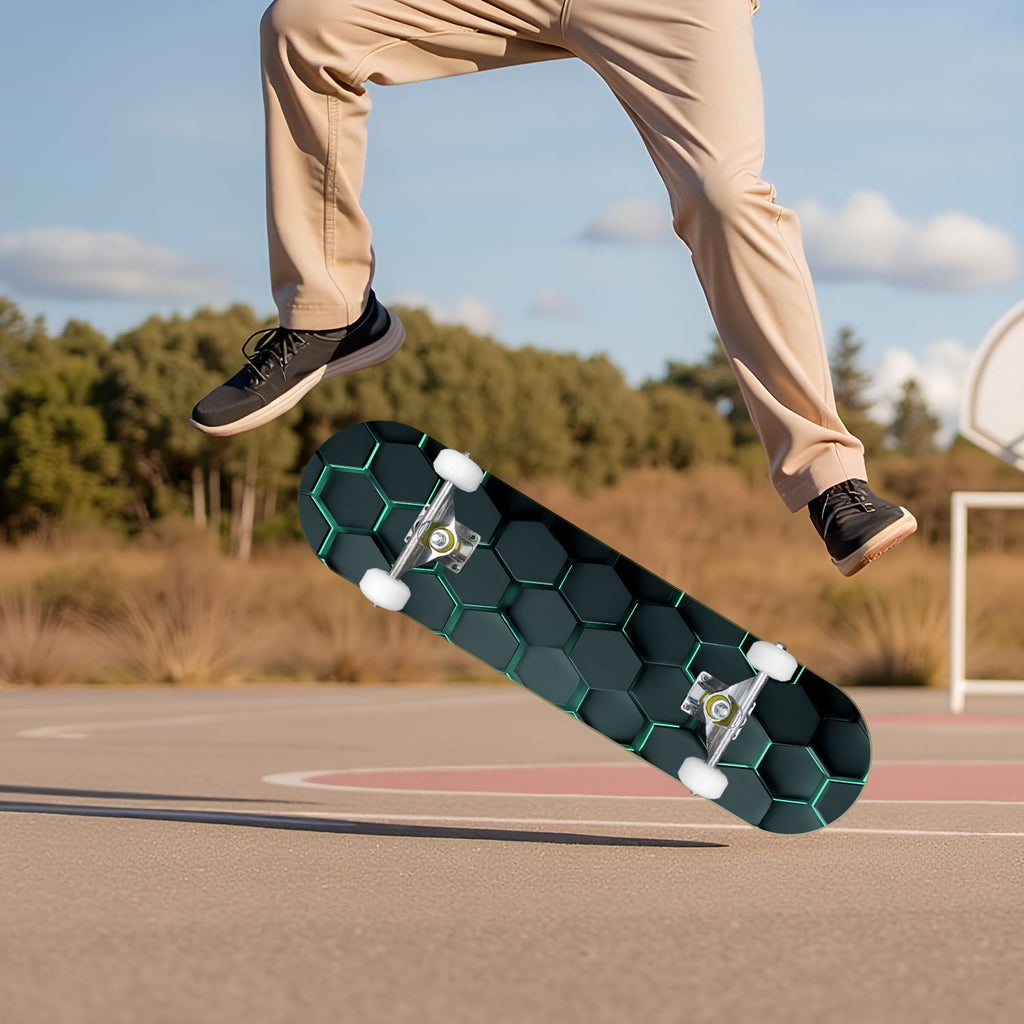 Futuristic Hexagonal Metallic Blue Glowing Orange Highlights 31" x 8" Complete Skateboard, 7-Ply Canadian Maple Double Kick Trick Board for Kids and Beginners Adult Gifts