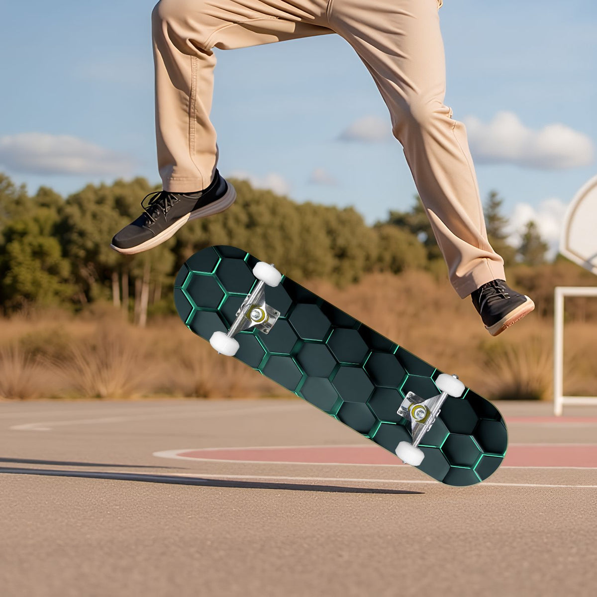 Futuristic Hexagonal Metallic Blue Glowing Orange Highlights 31" x 8" Complete Skateboard, 7-Ply Canadian Maple Double Kick Trick Board for Kids and Beginners Adult Gifts